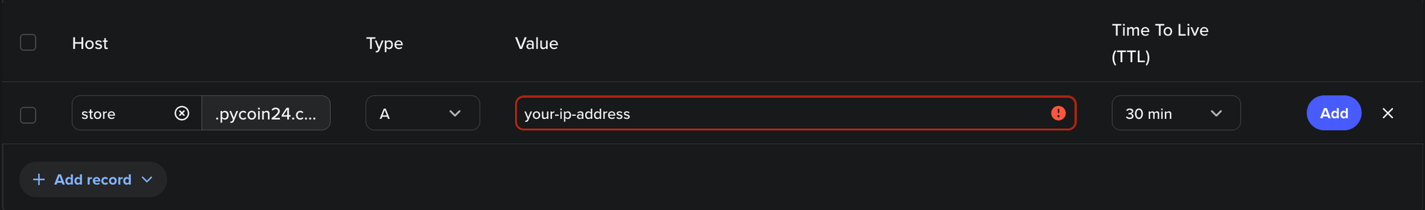 Adding A record for Spaceship domain